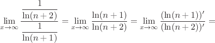 $\lim\limits_{x\to \infty} \dfrac {\dfrac{1}{\ln(n+2)}}{\dfrac{1}{\ln(n+1)}} = \lim\limits_{x\to \infty} \dfrac{\ln(n+1)}{\ln(n+2)} = \lim\limits_{x\to \infty} \dfrac{(\ln(n+1))'}{(\ln(n+2))'} = $