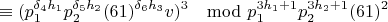 $$\equiv(p_1^{\delta_4h_1}p_2^{\delta_5h_2}(61)^{\delta_6h_3}v)^3\mod p_1^{3h_1+1}p_2^{3h_2+1}(61)^2$$