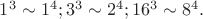 $1^3\sim 1^4; 3^3 \sim 2^4;16^3 \sim 8^4.$