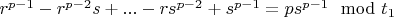 $r^{p-1}-r^{p-2}s+...-rs^{p-2}+s^{p-1} = ps^{p-1}\mod {t_1}$