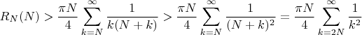 $$R_N(N) > \frac{\pi N}{4}  \sum_{k = N}^{\infty} \frac{1}{k(N + k)} > \frac{\pi N}{4}  \sum _ {k = N} ^ {\infty} \frac{1}{(N + k) ^ 2} = \frac{\pi N}{4} \sum _ {k = 2 N} ^ {\infty} \frac{1}{k ^ 2}$$