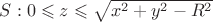 $S: 0 \leqslant z \leqslant \sqrt {x^{2}+y^{2}-R^{2}} $
