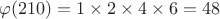 $\varphi(210)=1\times2\times4\times6=48$