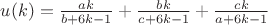 $u(k)= \frac{ak}{b+6k-1}+\frac{bk}{c+6k-1}+\frac{ck}{a+6k-1}$
