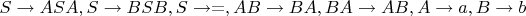 $S\to ASA, S\to BSB, S\to =, AB\to BA, BA\to AB, A\to a, B\to b$
