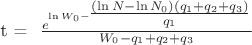 t = \tfrac{{{e^{\ln {W_0} - \tfrac{{(\ln N - \ln {N_0})({q_1} + {q_2} + {q_3})}}{{{q_1}}}}}}}{{{W_0} - {q_1} + {q_2} + {q_3}}}