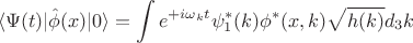 $$
\langle \Psi(t) | \hat \phi (x) | 0 \rangle =
\int e^{+ i \omega_k t} \psi^{*}_1(k) \phi^{*}(x, k) \sqrt{h(k)} d_3 k
$$ $$
\langle \Psi(t) | \hat \phi (x) | 0 \rangle =
\int e^{+ i \omega_k t} \psi^{*}_1(k) \phi^{*}(x, k) \sqrt{h(k)} d_3 k
$$