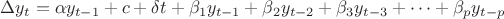 $\Delta y_t = \alpha y_{t-1} + c + \delta t + \beta_1 y_{t-1} + \beta_2 y_{t-2} + \beta_3 y_{t-3} + \cdots + \beta_p y_{t-p}$