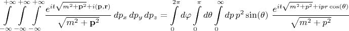 $$
\int\limits_{-\infty}^{+\infty}
\int\limits_{-\infty}^{+\infty}
\int\limits_{-\infty}^{+\infty}
 \frac{ e^{i t \sqrt{m^2 + {\bf p}^2} + i ({\bf p}, {\bf r})} }{\sqrt{m^2 + {\bf p}^2}} \, d p_x \, d p_y \, d p_z = 
\int\limits_{0}^{2 \pi} d\varphi
\int\limits_{0}^{\pi} d\theta
\int\limits_{0}^{\infty} dp
\, p^2 \sin(\theta) \, 
\, \frac{ e^{i t \sqrt{m^2 + p^2} + i p r \cos(\theta)} }{\sqrt{m^2 + p^2}}
$$