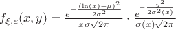 $f_{\xi,\varepsilon}(x,y)=\frac{e^{-\frac{(\ln(x)-\mu)^2}{2\sigma^2}}}{x\sigma\sqrt{2\pi}}\cdot\frac{e^{-\frac{y^2}{2\sigma^2(x)}}}{\sigma(x)\sqrt{2\pi}}$