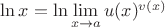 $\ln x = \ln \lim\limits_{x\to a}u(x)^{v(x)}$