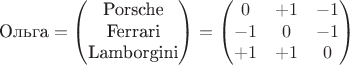 $$\text{Ольга}=\begin{pmatrix}
\text{Porsche}\\
\text{Ferrari}\\
\text{Lamborgini}
\end{pmatrix}
=\begin{pmatrix}
0 & +1 & -1\\
-1 & 0 & -1\\
+1 & +1 & 0
\end{pmatrix}$$ $$\text{Ольга}=\begin{pmatrix}
\text{Porsche}\\
\text{Ferrari}\\
\text{Lamborgini}
\end{pmatrix}
=\begin{pmatrix}
0 & +1 & -1\\
-1 & 0 & -1\\
+1 & +1 & 0
\end{pmatrix}$$
