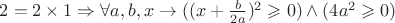 $2 = 2 \times 1 \Rightarrow \forall a,b,x \to ((x + \frac{b}{2a})^2 \geqslant 0) \wedge (4a^2 \geqslant 0)$