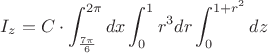 $I_z=C\cdot \displaystyle\int_{\frac{7\pi}{6}}^{2\pi}dx\int_{0}^{1}r^3dr\int_{0}^{1+r^2}dz$