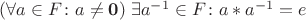 $ (\forall a\in F\colon a\neq {\boldsymbol {0}})\;\exists a^{-1}\in F\colon a*a^{-1}=e}$