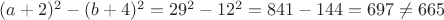 $(a+2)^2-(b+4)^2=29^2-12^2=841-144=697\neq 665$