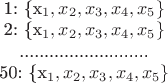 $
\begin{right}
\begin{tabular}{cccc}
1: \{x_1,x_2,x_3,x_4,x_5\}\\
2: \{x_1,x_2,x_3,x_4,x_5\} \\
..........................\\
50: \{x_1,x_2,x_3,x_4,x_5\} \\
\end{tabular}
\end{right}
$ $
\begin{right}
\begin{tabular}{cccc}
1: \{x_1,x_2,x_3,x_4,x_5\}\\
2: \{x_1,x_2,x_3,x_4,x_5\} \\
..........................\\
50: \{x_1,x_2,x_3,x_4,x_5\} \\
\end{tabular}
\end{right}
$