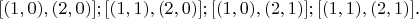 $[(1, 0), (2, 0)]; [(1, 1), (2, 0)]; [(1, 0), (2, 1)]; [(1, 1), (2, 1)]$.