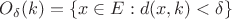 $O_{\delta}(k) = \{x \in E : d(x,k) < \delta \}$