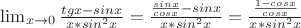 $\lim_{x \to 0}\frac{tg x - sin x}{x*sin^2 x}=\frac{\frac {sin x}{cos x} - sin x}{x*sin^2 x}=\frac{\frac {1-cos x}{cos x} }{x*sin^2 x}$