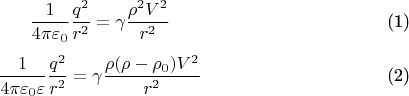 \begin{equation}\dfrac{1}{4\pi\varepsilon_0}\dfrac{q^2}{r^2}=\gamma\dfrac{\rho^2 V^2}{r^2}\end{equation}
\begin{equation}\dfrac{1}{4\pi\varepsilon_0\varepsilon}\dfrac{q^2}{r^2}=\gamma\dfrac{\rho(\rho-\rho_0) V^2}{r^2}\end{equation}