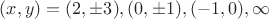 $(x,y)=(2,\pm{3}),(0,\pm{1}),(-1,0),\infty$
