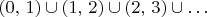 $\left(0,\,1\right)\cup\left(1,\,2\right)\cup\left(2,\,3\right)\cup\ldots$