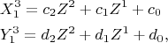 \[ 
\begin{gathered} 
  X_1 ^3  = c_2 Z^2  + c_1 Z^1  + c_0  \hfill \\ 
  Y_1 ^3  = d_2 Z^2  + d_1 Z^1  + d_0 , \hfill \\  
\end{gathered}  
\]