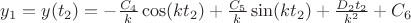 $y_1=y(t_2) = - \frac{C_4}{k}   \cos(kt_2)+\frac{C_5}{k}  \sin(kt_2)+\frac{D_2t_2}{k^2}+C_6$