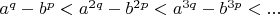$a^q-b^p<a^{2q}-b^{2p}<a^{3q}-b^{3p}<...$