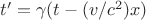 $t'=\gamma(t-(v/c^2)x)$