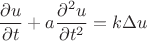 $$\[\frac{{\partial u}}{{\partial t}} + a\frac{{\partial ^2 u}}{{\partial t^2 }} = k\Delta u\]$$