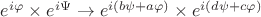 $e^{i\varphi}\times e^{i\Psi}\to e^{i (b\psi +a\varphi)}\times e^{i (d\psi +c\varphi)}$