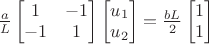 $\frac{a}{L} \begin{bmatrix} 1 & -1 \\ -1 & 1 \end{bmatrix}
\begin{bmatrix} u_1 \\ u_2 \end{bmatrix} =
\frac{bL}{2} \begin{bmatrix} 1 \\ 1 \end{bmatrix}$ $\frac{a}{L} \begin{bmatrix} 1 & -1 \\ -1 & 1 \end{bmatrix}
\begin{bmatrix} u_1 \\ u_2 \end{bmatrix} =
\frac{bL}{2} \begin{bmatrix} 1 \\ 1 \end{bmatrix}$