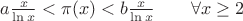 $a\frac{x}{\ln x}<\pi(x)<b\frac{x}{\ln x}\qquad \forall x \geq 2$
