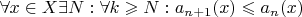 $\forall x\in X  \exists N: \forall k \geqslant N: a_{n+1}(x) \leqslant a_n(x)$