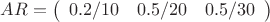 $A R = \left( \begin{array}{ccc} 0.2/10 & 0.5/20 & 0.5/30  \end{array} \right)$