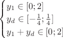 $\begin{cases}y_1\in [0;2]\\y_d\in[-\frac 1 4;\frac 1 4]\\y_1+y_d\in  [0;2]\end{cases}$