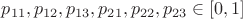 $p_{11}, p_{12}, p_{13}, p_{21}, p_{22}, p_{23} \in [0, 1]$