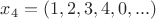 $x_4=(1,2,3,4,0,...)$