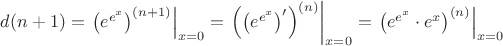 $d(n+1)=\left.\left(e^{e^x}\right)^{(n+1)}\right|_{x=0}=\left.\left(\left(e^{e^x}\right)'\right)^{(n)}\right|_{x=0}=\left.\left(e^{e^x}\cdot e^x\right)^{(n)}\right|_{x=0}$