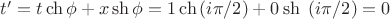 $t'=t \ch \phi +  x \sh \phi = 1 \ch {(i \pi /2)} + 0 \sh \ {(i \pi /2)} = 0$