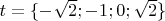 $t = \{-\sqrt2; -1; 0; \sqrt2 \}$