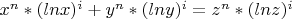 $x^n*(ln{x})^i + y^n*(ln{y})^i = z^n*(ln{z})^i$