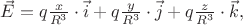 $\vec{E}=q\frac{x}{R^{3}}\cdot \vec{i}+q\frac{y}{R^{3}}\cdot \vec{j}+q\frac{z}{R^{3}}\cdot \vec{k},$
