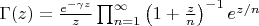 $\Gamma(z)= \frac{e^{-\gamma z}}{z} \prod_{n=1}^\infty \left(1 + \frac{z}{n}\right)^{-1} e^{z/n}$