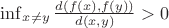 $\inf_{x\ne y}\frac{d(f(x),f(y))}{ d(x,y)}>0$