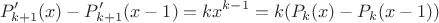 $$P_{k+1}'(x)-P_{k+1}'(x-1)=kx^{k-1}=k(P_k(x)-P_k(x-1))$$