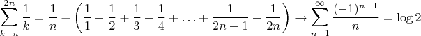 $$\sum_{k=n}^{2n}\frac1k=\frac1n+\left(\frac11-\frac12+\frac13-\frac14+\ldots+\frac1{2n-1}-\frac1{2n}\right)\to\sum_{n=1}^\infty\frac{(-1)^{n-1}}n=\log2$$