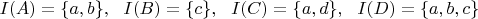 $I(A)= \{a,b\},~~I(B)= \{c\},~~I(C)=\{a,d\},~~I(D)= \{a,b,c\}$